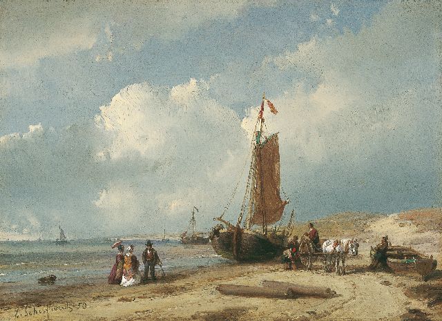 Schelfhout A.  | Elegant gezelschap en vissers bij bomschuit op het strand, olieverf op paneel 13,5 x 18,6 cm, gesigneerd l.o. en gedateerd '53