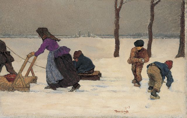 Roessingh L.A.  | Sneeuwlandschap met spelende kinderen, olieverf op paneel 21,4 x 32,4 cm, gesigneerd r. v/h m. en gedateerd 1908
