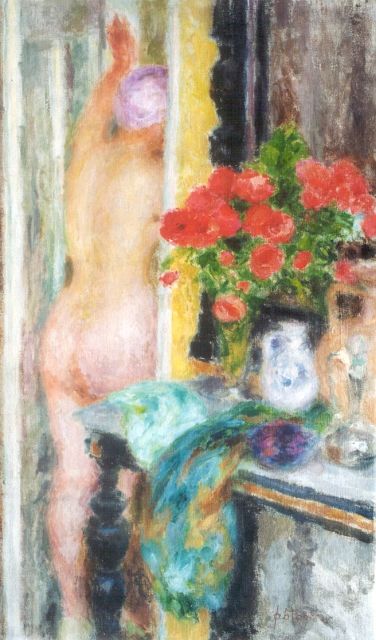 Jablonski M.  | Staand vrouwelijk naakt bij een bloemstilleven, olieverf op doek 79,1 x 48,5 cm, gesigneerd r.o.