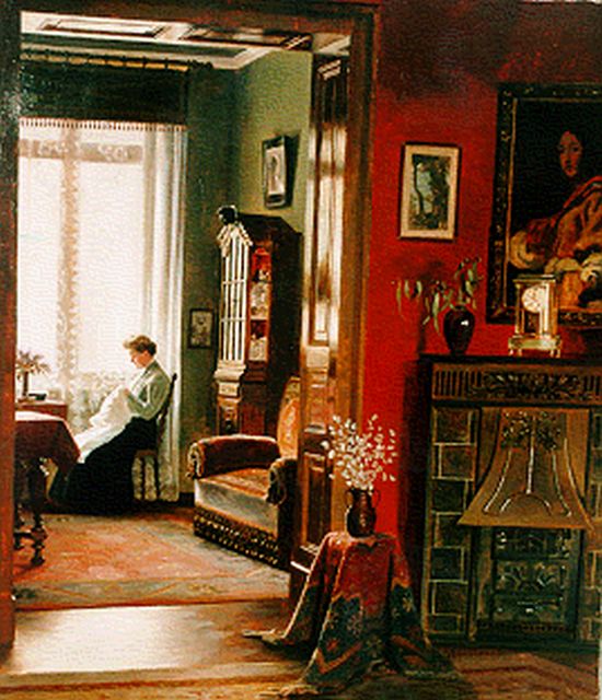 Murdfield C.  | Bordurende vrouw in interieur, olieverf op doek 72,0 x 62,5 cm, gesigneerd r.o.