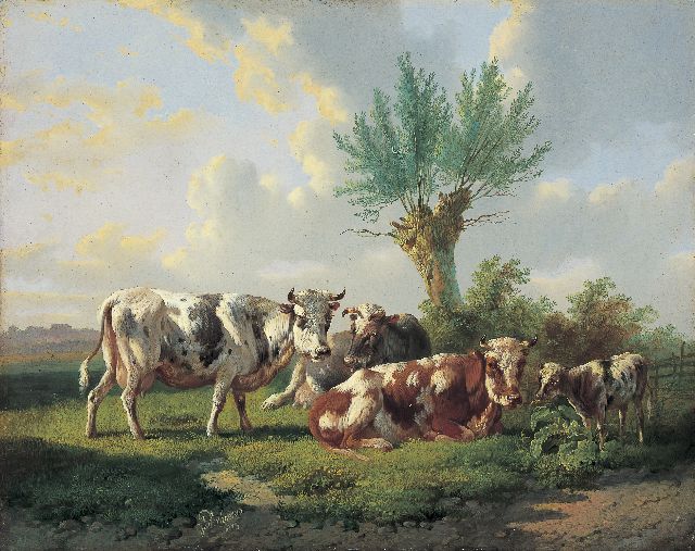 Verhoesen A.  | Rustend vee in een weiland, olieverf op paneel 31,8 x 40,0 cm, gesigneerd l.v.h.m. en gedateerd 1873