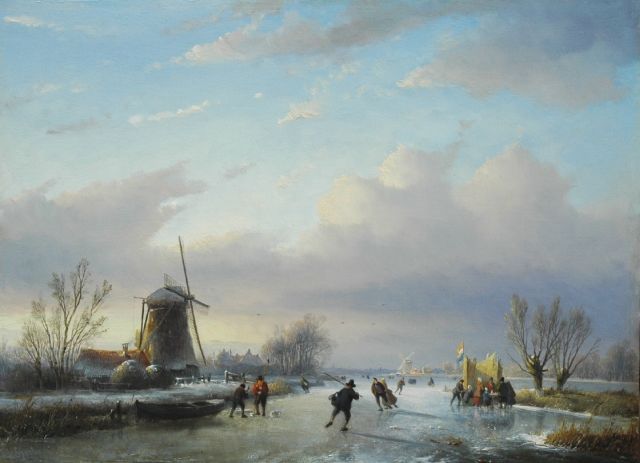 Spohler J.J.  | Hollands winterlandschap met schaatsers en koek-en-zopie, olieverf op paneel 38,2 x 51,6 cm, gesigneerd l.o.