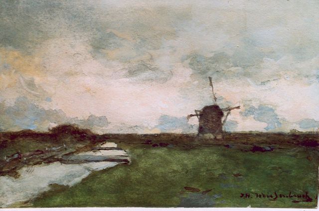 Weissenbruch H.J.  | Polderlandschap met molen, aquarel op papier 14,9 x 23,0 cm, gesigneerd r.o.