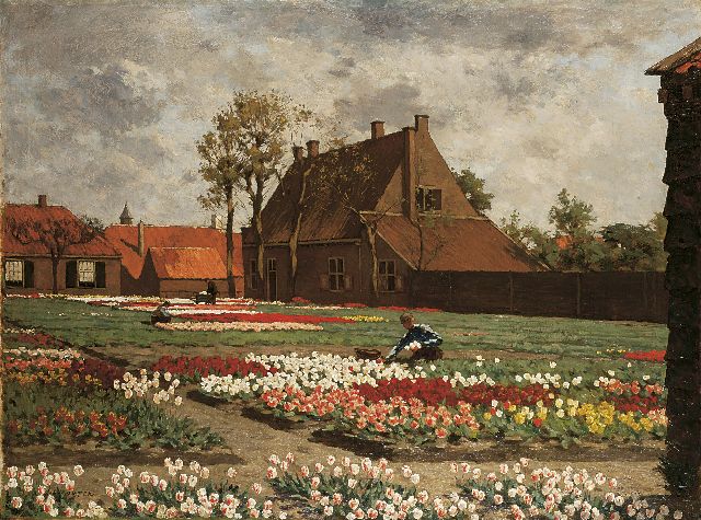 Koster A.L.  | Het huis van Benedictus de Spinoza te Rijnsburg temidden van bloeiende tulpenvelden, olieverf op doek 75,1 x 100,4 cm, gesigneerd l.o.