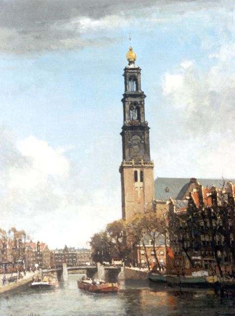 Vlist L. van der | De Westerkerk aan de Prinsengracht, Amsterdam, olieverf op doek 65,2 x 50,8 cm, gesigneerd l.o.