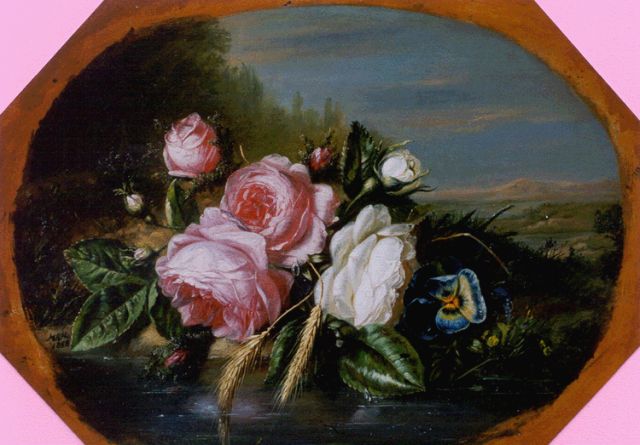 Hamburger H.A.  | Boeket rozen aan de waterkant, olieverf op paneel 29,4 x 40,0 cm, gesigneerd met initialen l.m. en gedateerd 1858