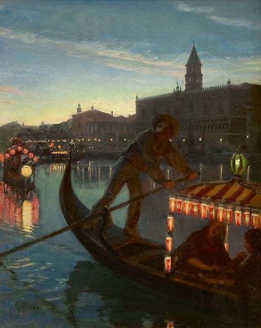 Jerndorff A.A.  | Gondola voor het Dogepaleis in Venetië, bij avond, olieverf op doek 41,0 x 33,0 cm, gesigneerd l.o. met monogram en gedateerd 1886