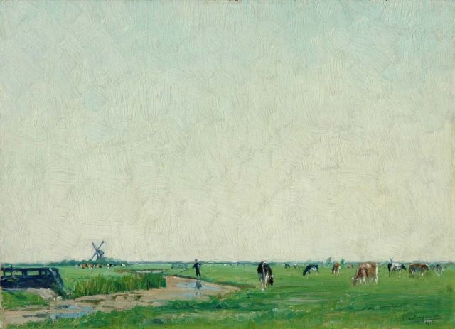 Frans van Tongerloo | Weids polderlandschap met vee, olieverf op paneel, 25,1 x 35,2 cm, gesigneerd r.o. en gedateerd 1915
