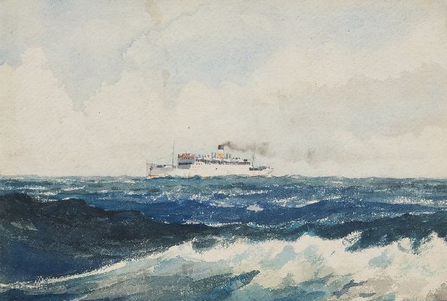 Back R.T.  | Het stoomschip Lord Nelson op volle zee, aquarel op papier 24,4 x 35,6 cm, gesigneerd r.o. en gedateerd 1939