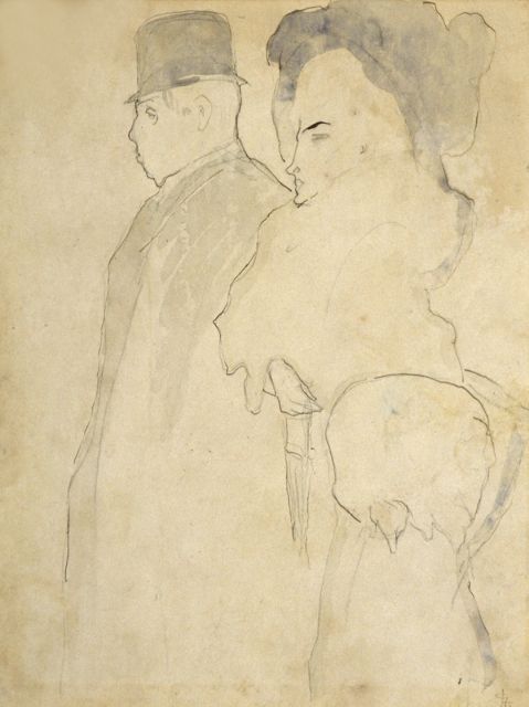 Gestel L.  | Wandelend paar, pen en aquarel op papier 26,5 x 20,0 cm, gesigneerd r.o. met monogram