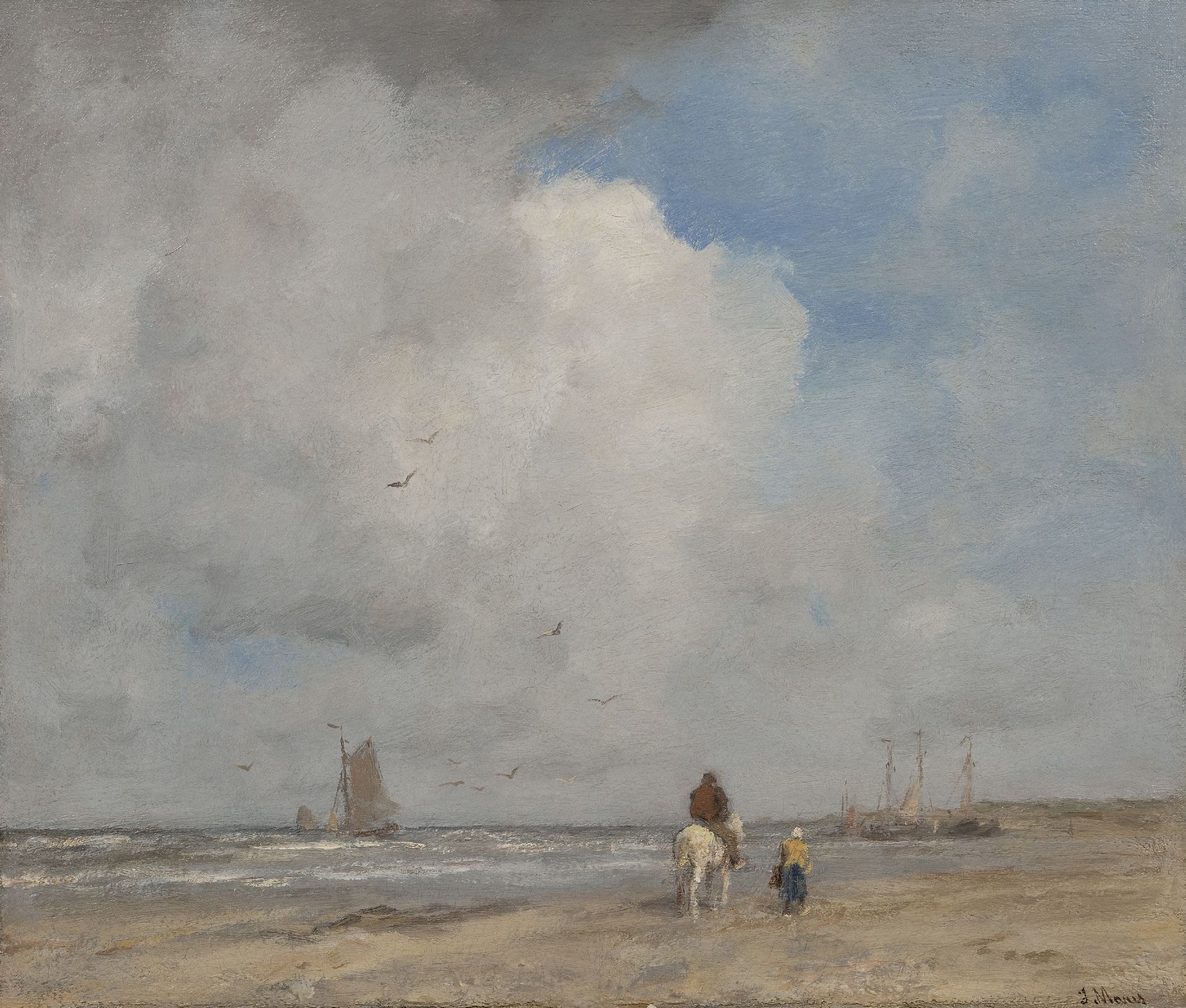 Jacob Maris Gemälde Zuvor zum Verkauf Boote und Fischer am Strand