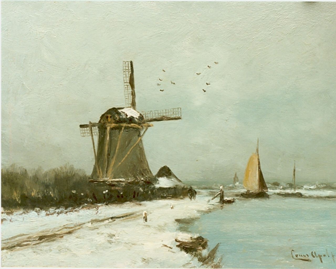 Apol L.F.H.  | Lodewijk Franciscus Hendrik 'Louis' Apol, A snow-covered polder landscape, Öl auf Holz 27,7 x 36,1 cm, signed l.r.