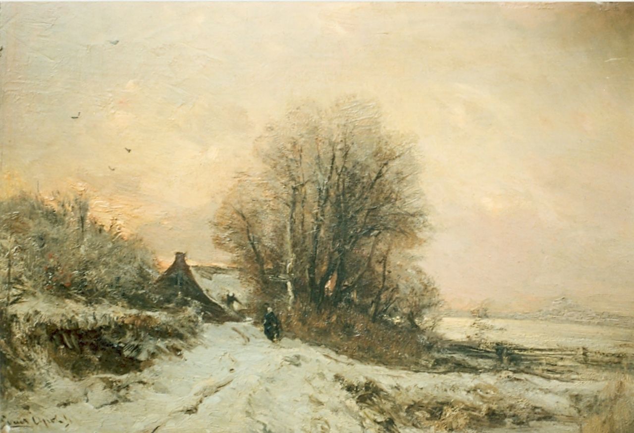 Apol L.F.H.  | Lodewijk Franciscus Hendrik 'Louis' Apol, A snow-covered landscape, Öl auf Holz 80,5 x 43,5 cm, signed l.l.