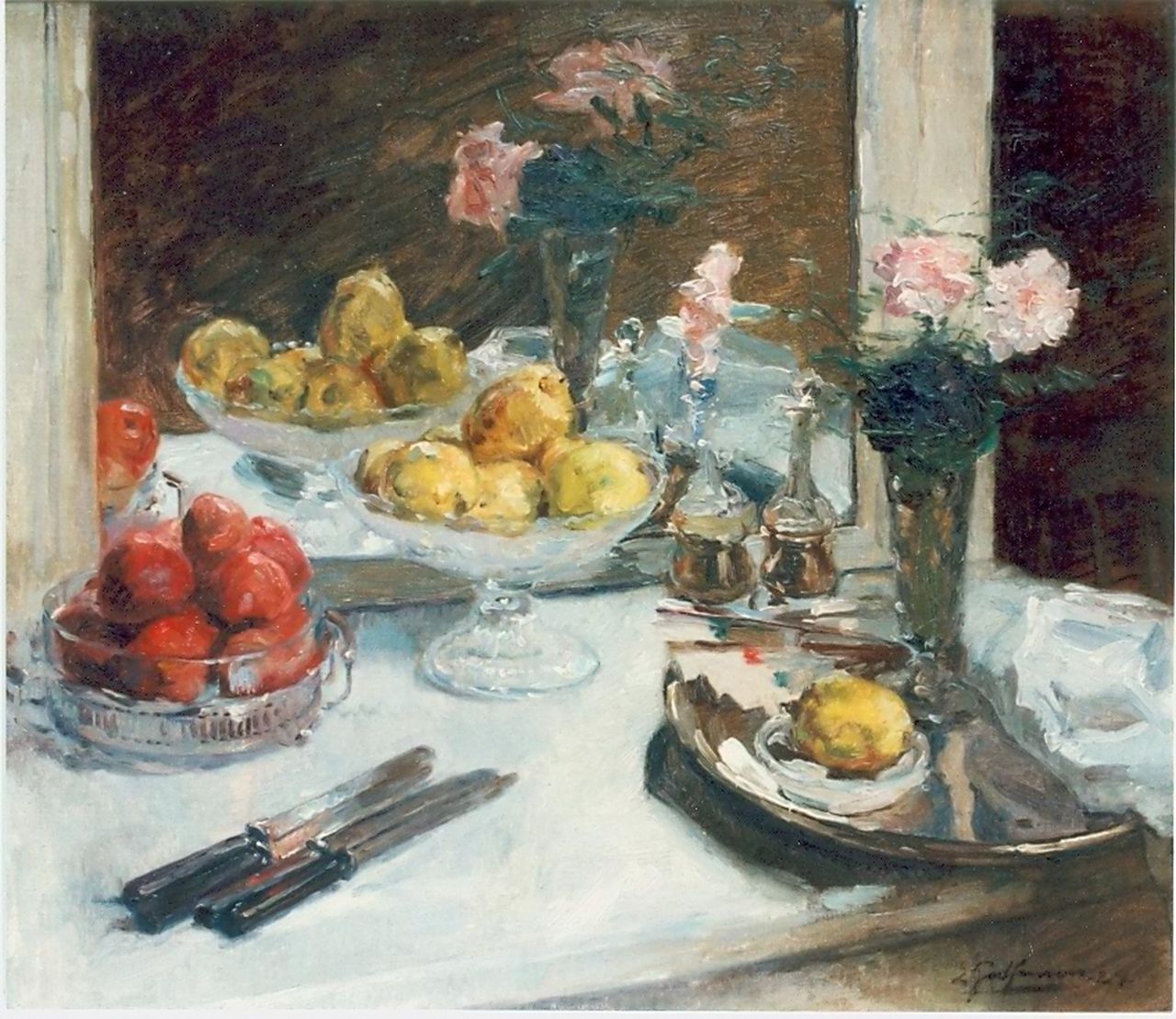 Godfrinon E.J.J.  | Ernest Jean Joseph Godfrinon, Still life with fruit and flowers, Öl auf Leinwand 60,0 x 75,0 cm, signed l.r.