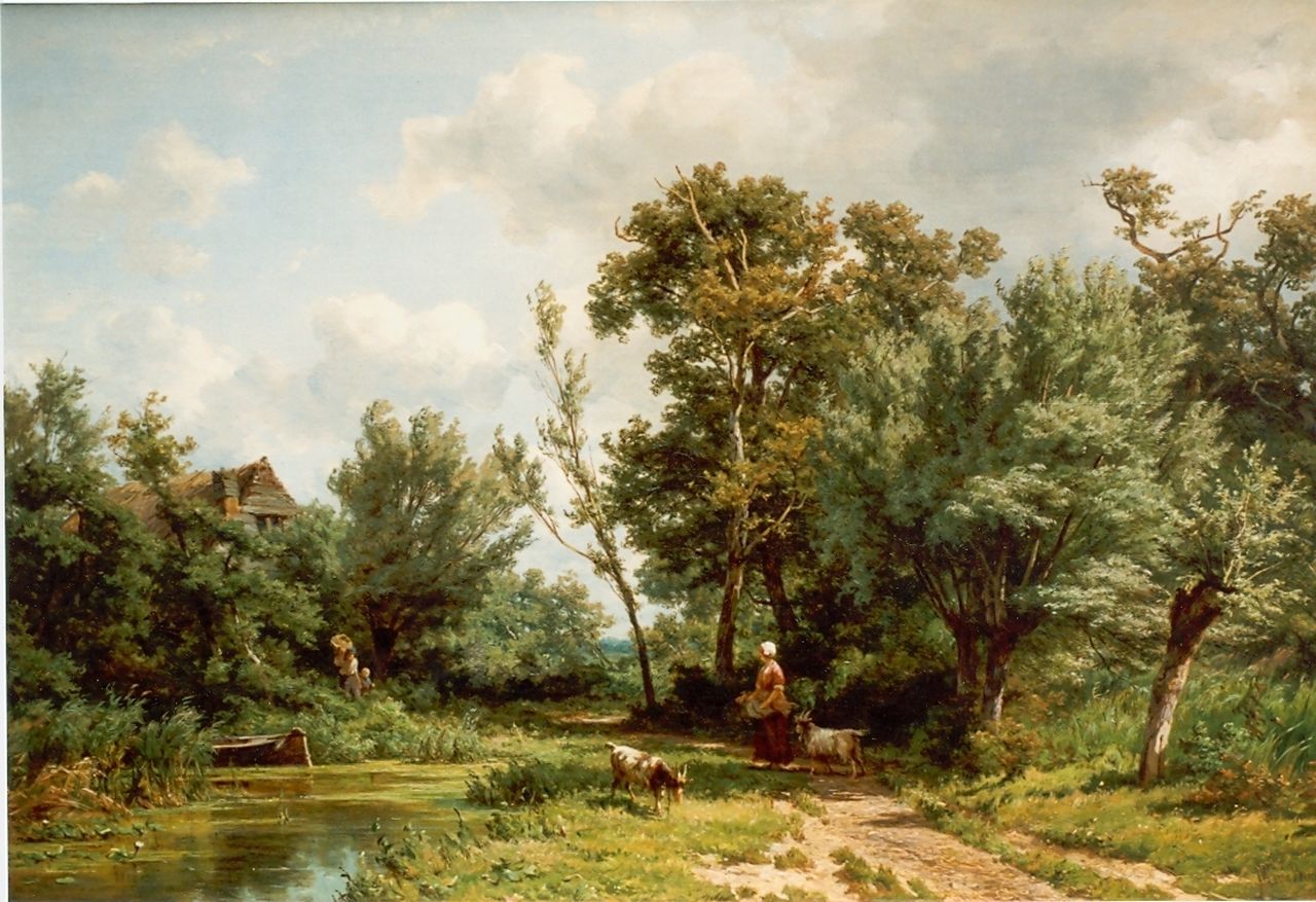 Borselen J.W. van | Jan Willem van Borselen, A shepherdess, Öl auf Leinwand 45,8 x 68,5 cm, signed l.r.