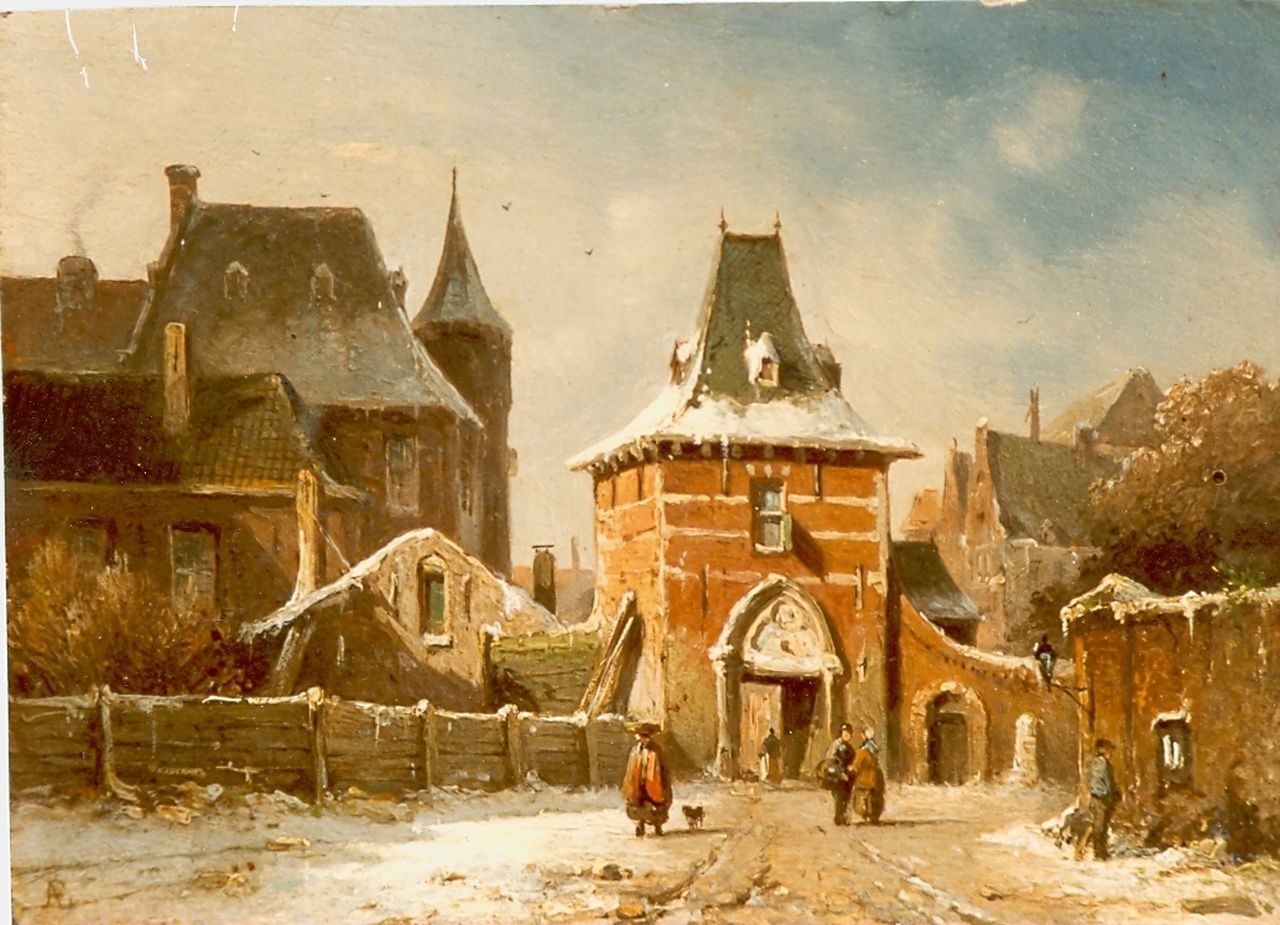Eversen A.  | Adrianus Eversen, A town gate in the snow, Öl auf Holz 14,9 x 20,5 cm, signed l.l.