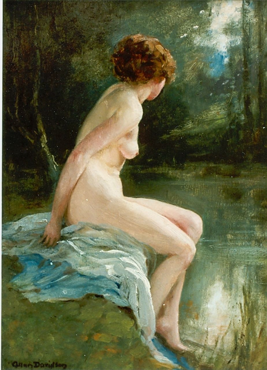 Davidson A.D.  | Allan Douglas Davidson, Bathing woman, Öl auf Holz 29,7 x 22,2 cm, signed l.l.