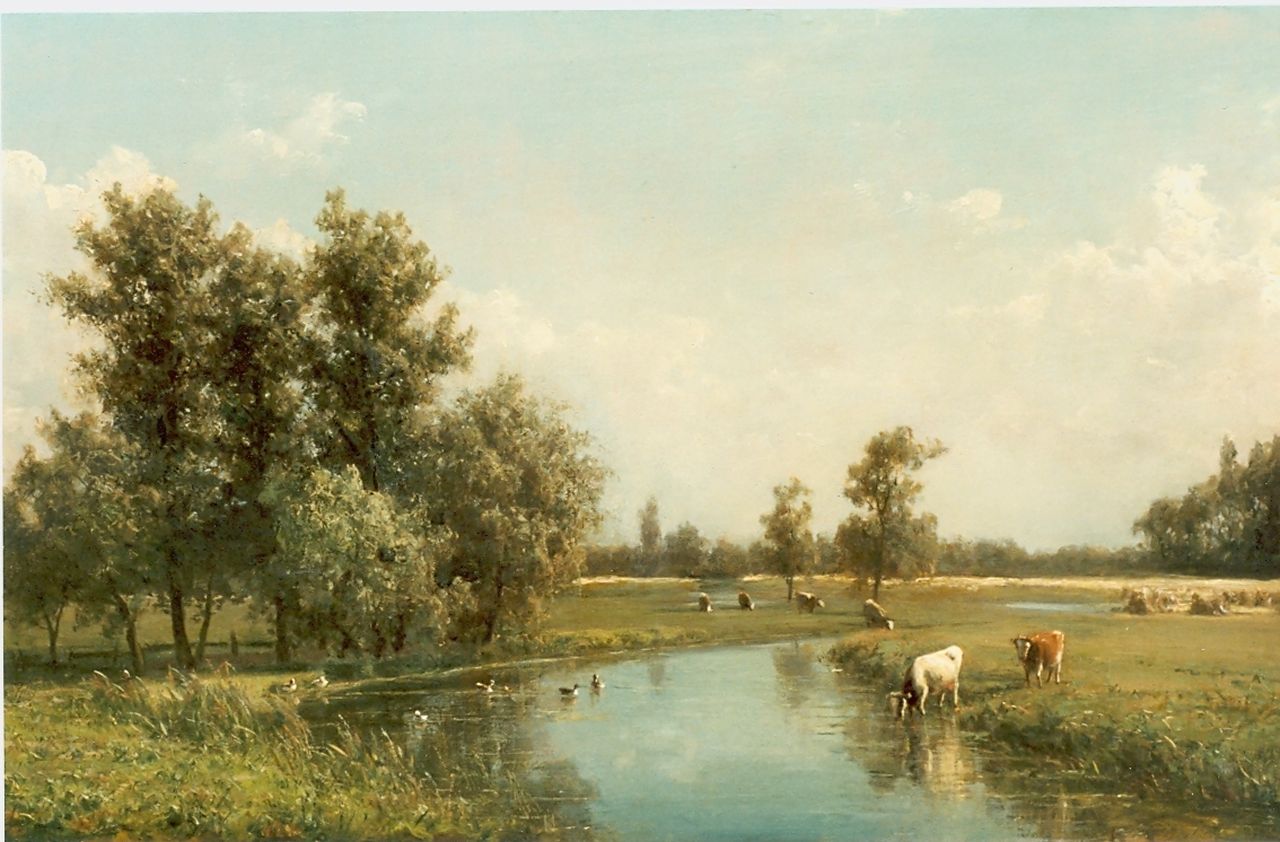 Destrée J.J.  | Johannes Josephus Destrée, Watering cows, Öl auf Holz 31,5 x 50,2 cm, signed l.r. und dated 1871