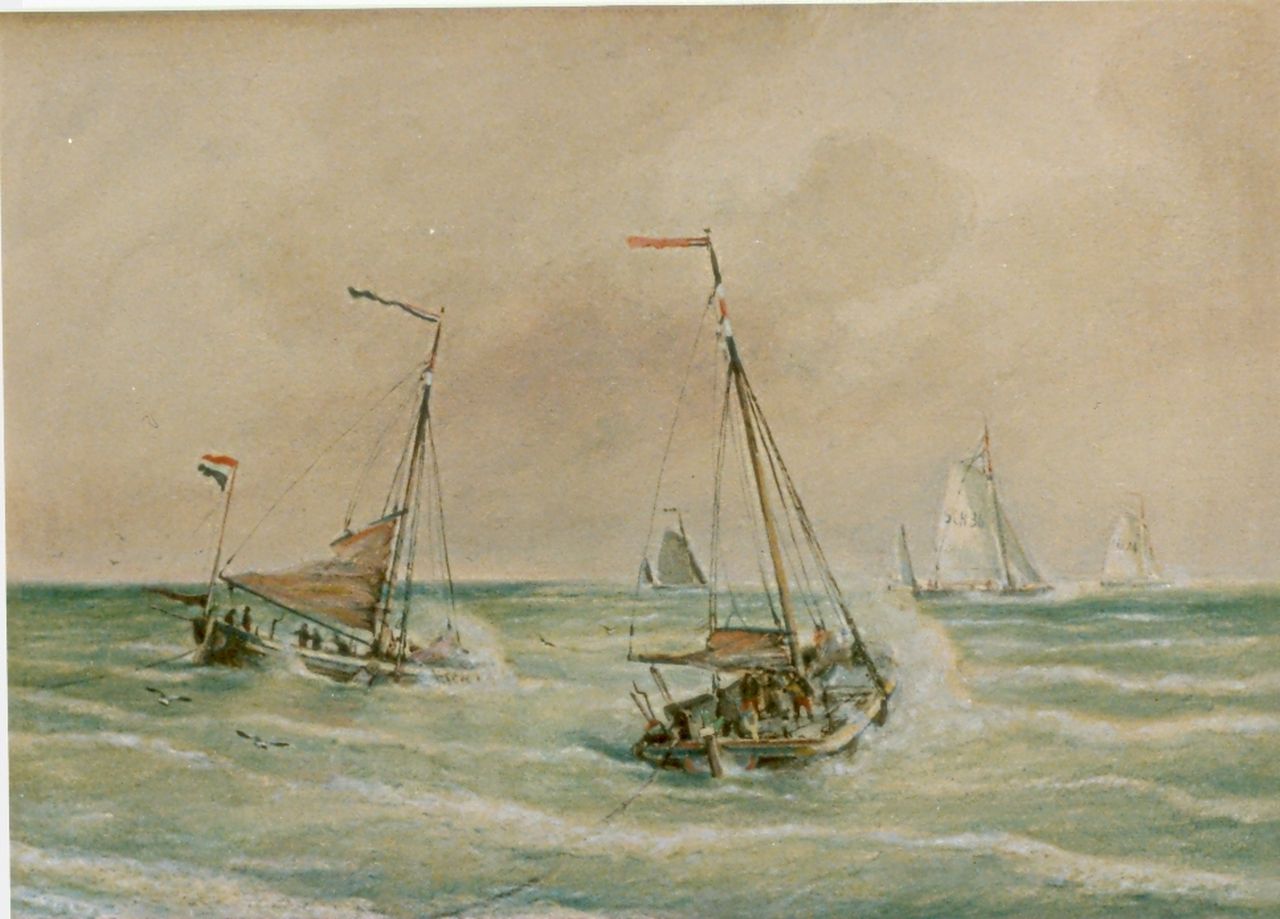 Dommelshuizen C.C.  | Cornelis Christiaan Dommelshuizen, Dutch fishing boats at sea, Scheveningen, Aquarell auf Papier 28,1 x 39,0 cm, signed l.r. und dated 1905
