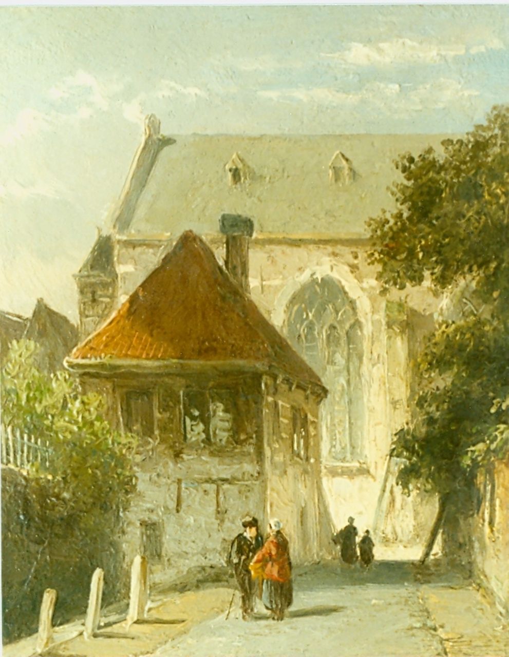 Eversen A.  | Adrianus Eversen, Figures in a street, with a church beyond, Öl auf Holz 12,9 x 10,9 cm, signed l.l.