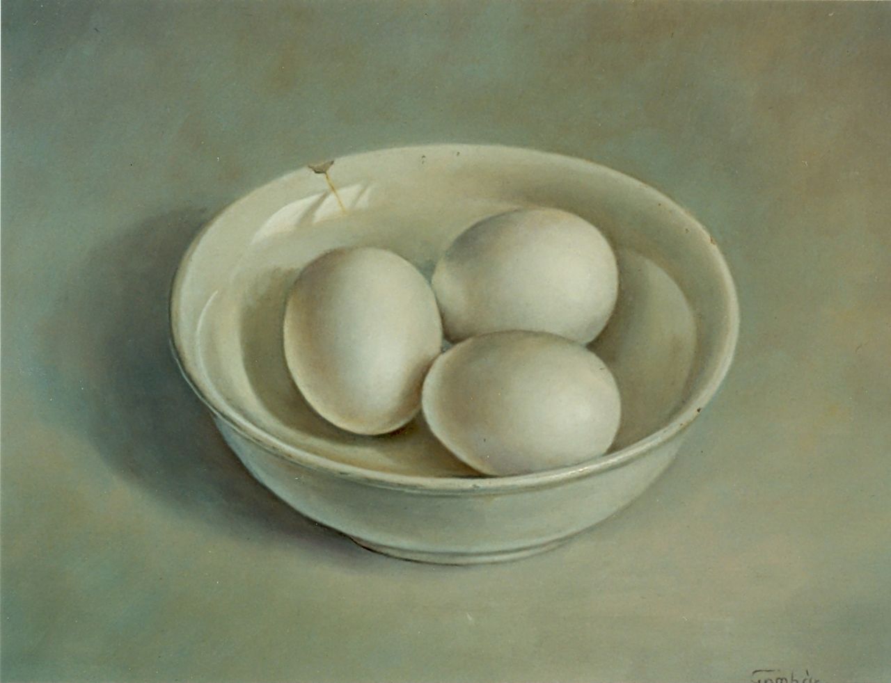 Gombar A.  | Andras Gombar, Eggs in a white dish, Öl auf Holz 25,0 x 30,0 cm, signed l.r.