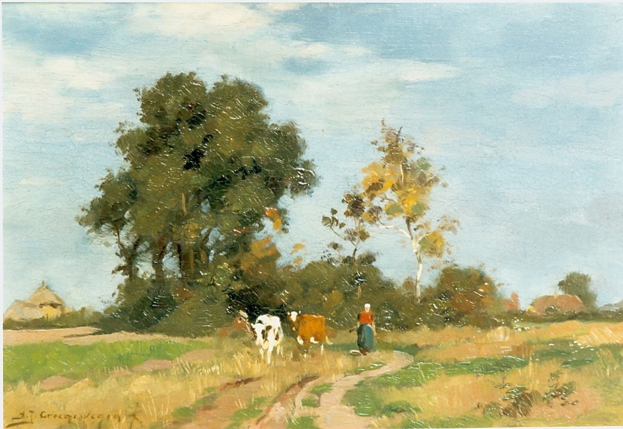 Groenewegen A.J.  | Adrianus Johannes Groenewegen, A summer landscape with a cow herd, Öl auf Holz 21,0 x 30,0 cm, signed l.l.