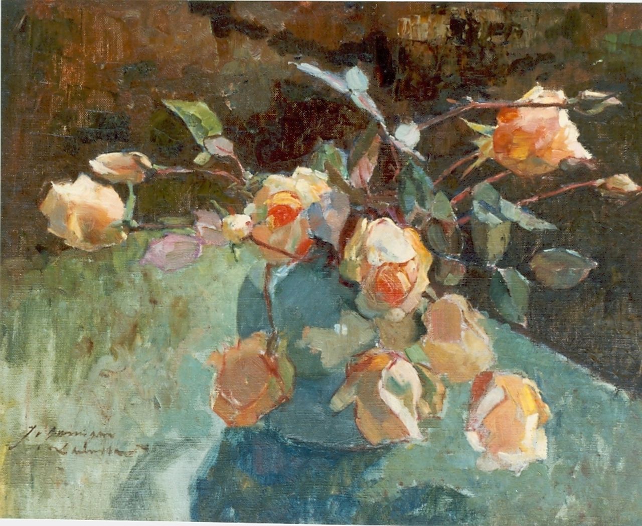 Groningen-Laurillard J.A.G. van | 'Jacoba' Adriana Geertruida van Groningen-Laurillard, Yellow roses, Öl auf Leinwand auf Holz 39,5 x 50,0 cm, signed l.l.