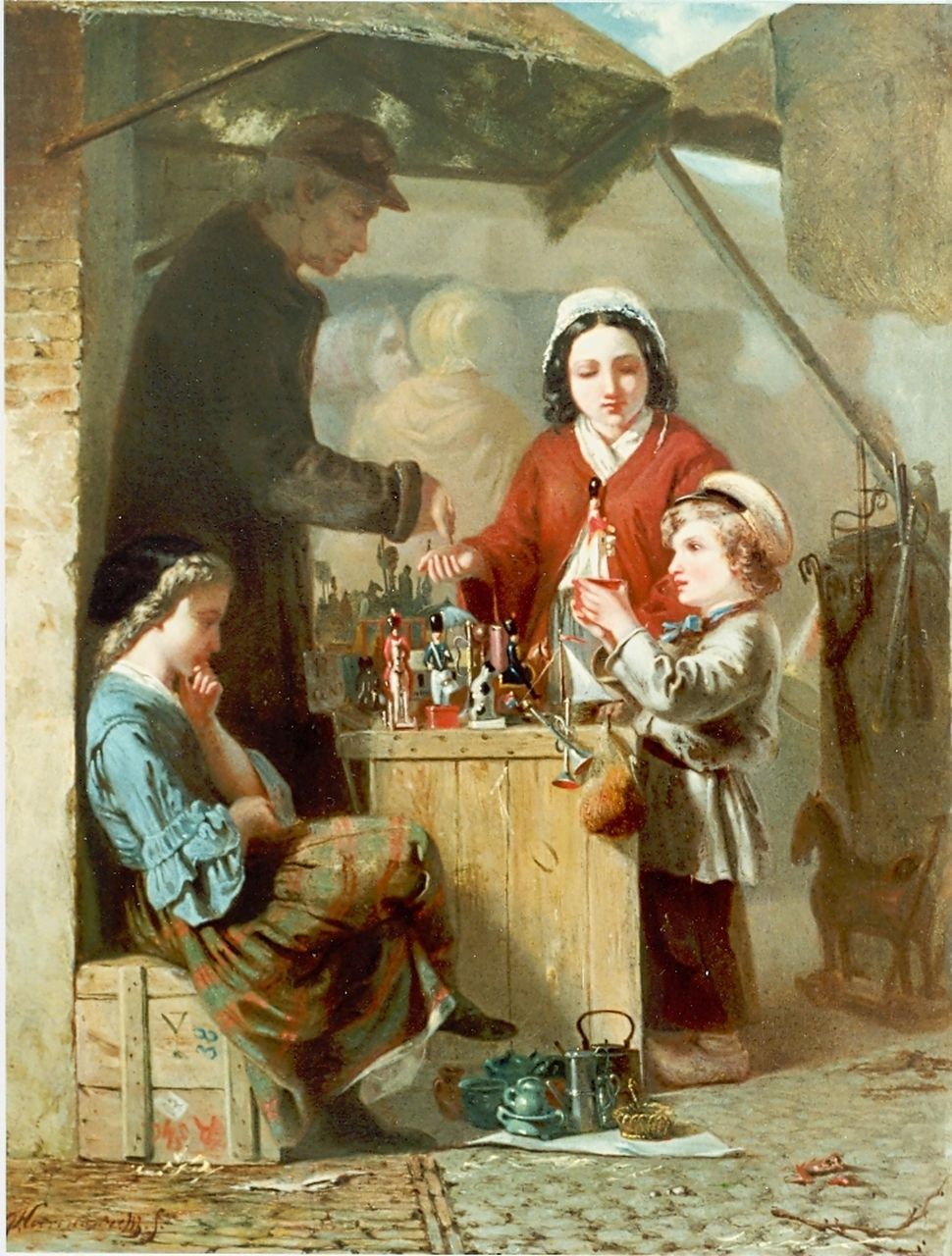 Hoevenaar J.  | Jozef Hoevenaar, The toys seller, Öl auf Holz 40,0 x 31,6 cm, signed l.l.