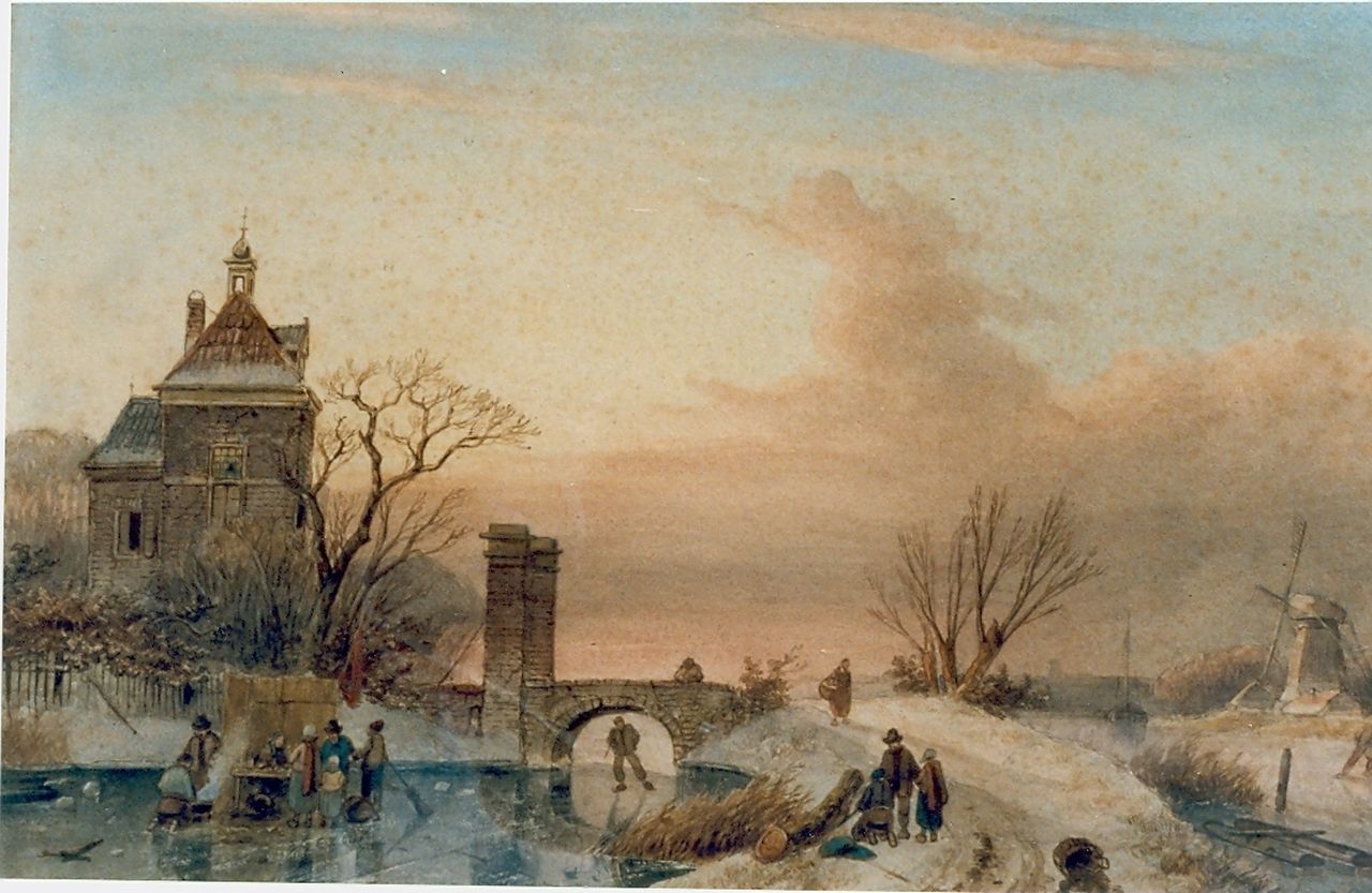 Leickert C.H.J.  | 'Charles' Henri Joseph Leickert, Evening twilight, figures skating on the ice, Aquarell auf Papier 30,5 x 48,0 cm, signed l.r.