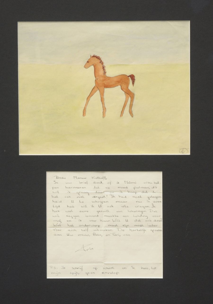 Oranje-Nassau (Prinses Beatrix) B.W.A. van | Beatrix Wilhelmina Armgard van Oranje-Nassau (Prinses Beatrix), A foal, Bleistift und Aquarell auf Papier 23,0 x 30,0 cm, signed with monogram l.r.