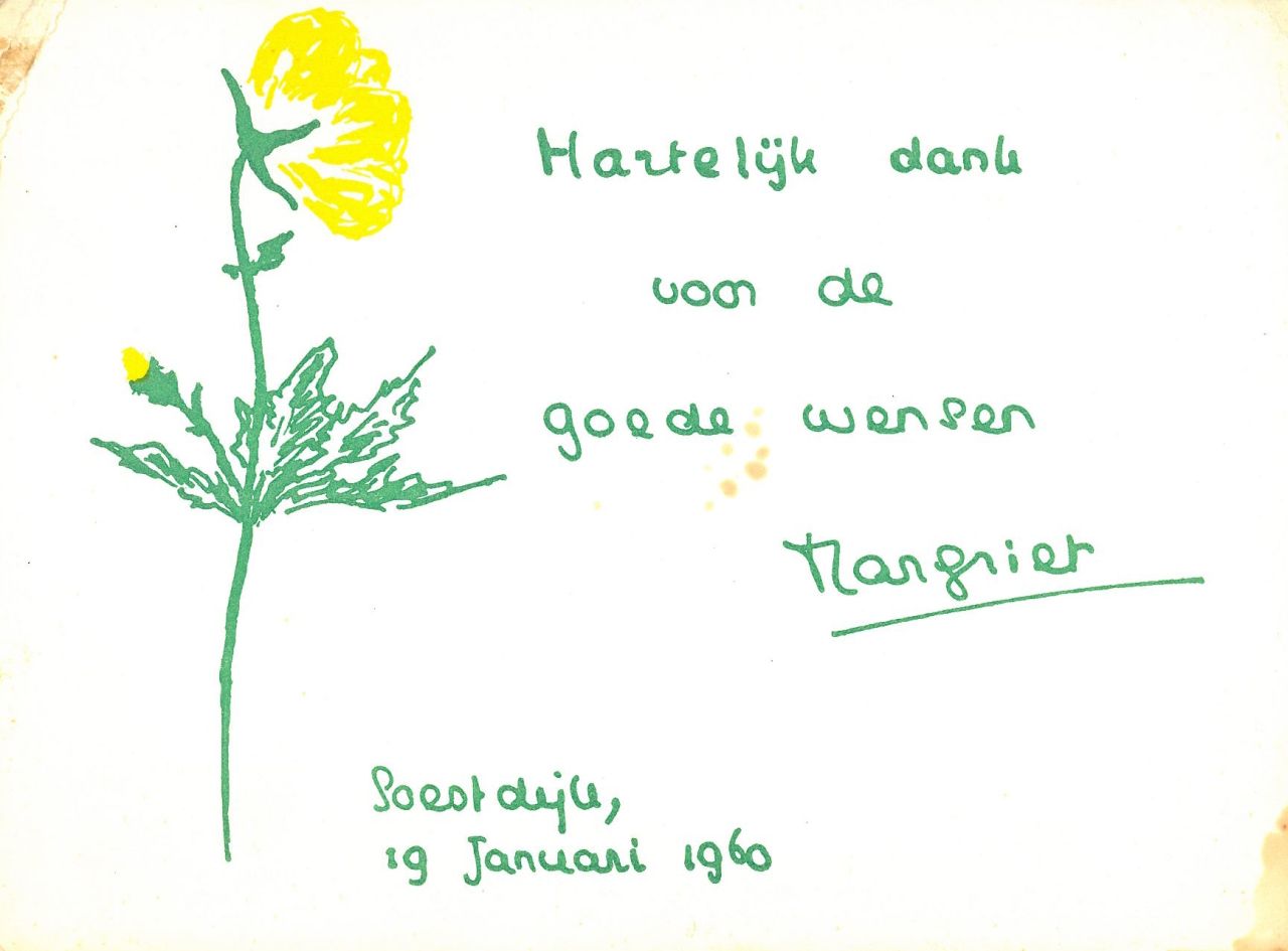 Oranje-Nassau (Prinses Margriet) M.F. van | Margriet Francisca van Oranje-Nassau (Prinses Margriet), Buttercup, Grüne und gelbe Tinte auf Papier (Ansichtskarte) 11,0 x 15,0 cm, signed in the centre und dated 'Soestdijk, 19 Januari 1960'