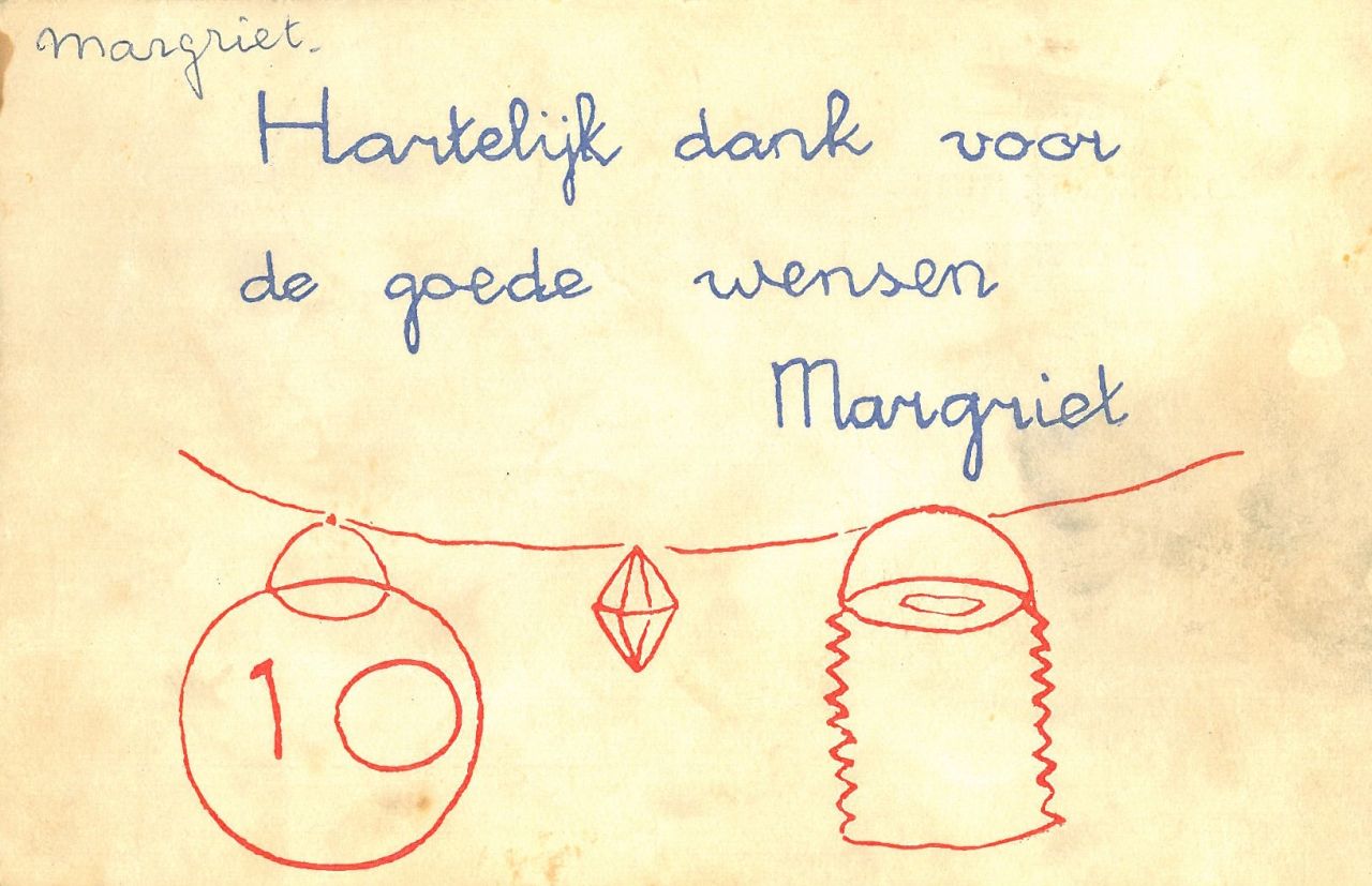 Oranje-Nassau (Prinses Margriet) M.F. van | Margriet Francisca van Oranje-Nassau (Prinses Margriet), Lanterns, Rote und blaue Tinte auf Papier (Ansichtskarte) 9,0 x 14,0 cm, signed in the centre Oranje-Nassau (Prinses Margriet) M.F. van | Margriet Francisca van Oranje-Nassau (Prinses Margriet), Lanterns, Rote und blaue Tinte auf Papier (Ansichtskarte) 9,0 x 14,0 cm, signed in the centre