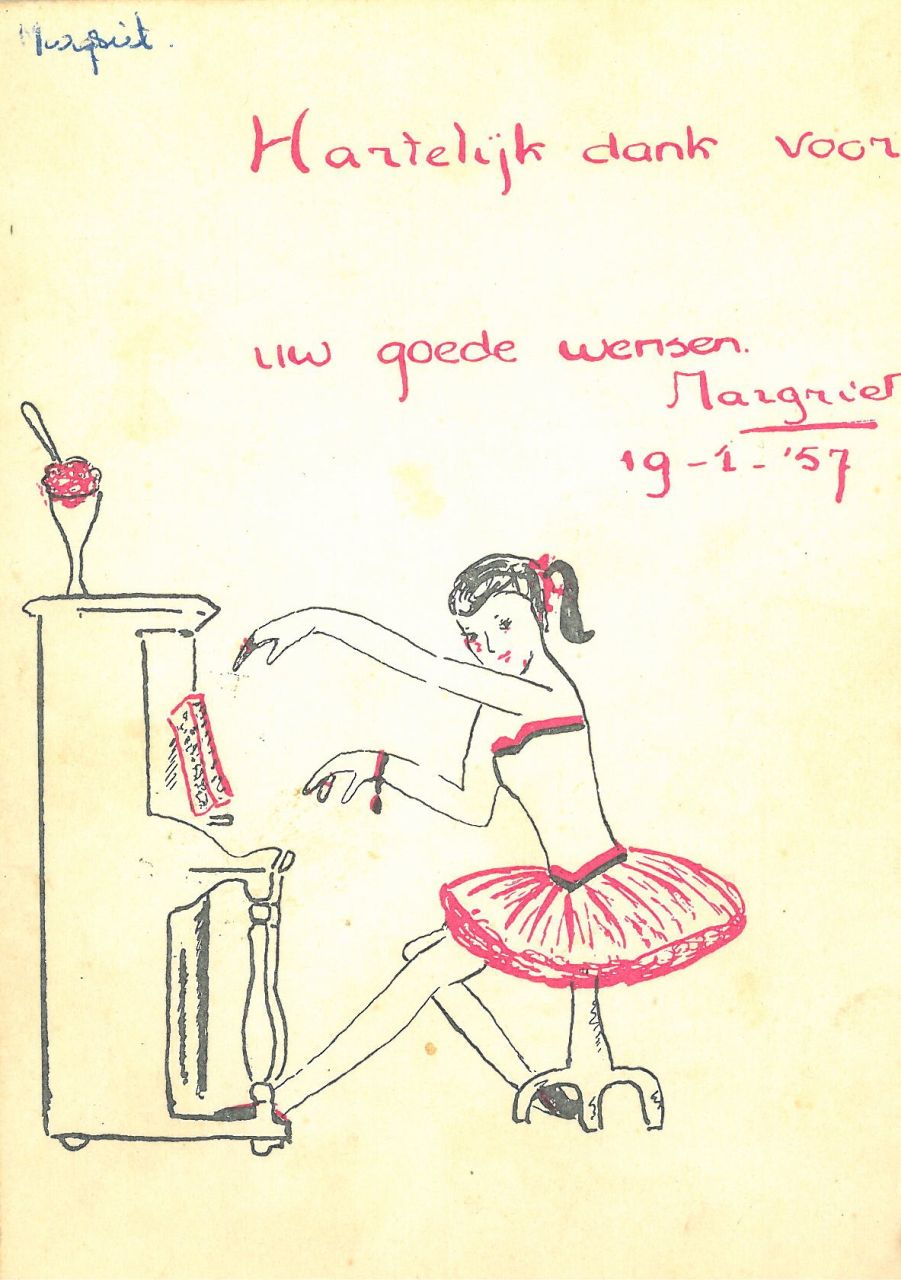 Oranje-Nassau (Prinses Margriet) M.F. van | Margriet Francisca van Oranje-Nassau (Prinses Margriet), Ballerina playing the piano, Rosa und schwarze Tinte auf Papier (Ansichtskarte) 15,0 x 10,5 cm, signed c.r. und dated 19-1-'57