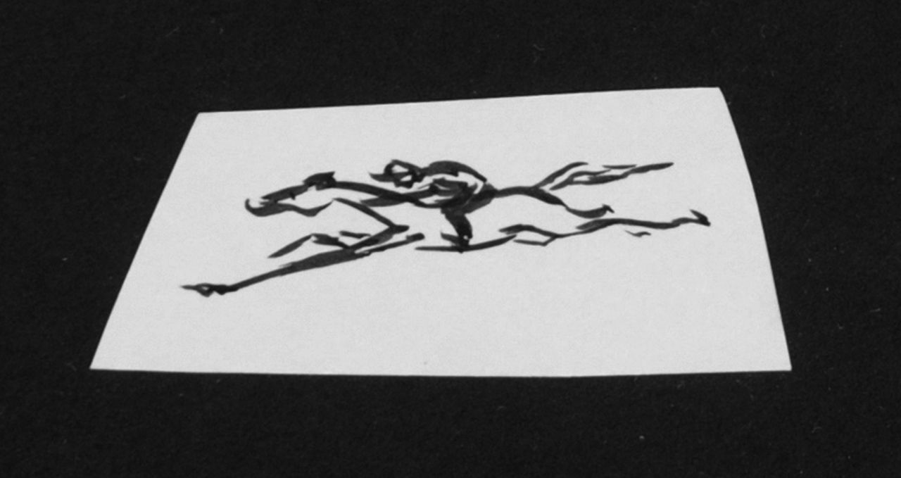 Oranje-Nassau (Prinses Beatrix) B.W.A. van | Beatrix Wilhelmina Armgard van Oranje-Nassau (Prinses Beatrix), Horse racing jockey, Bleistift und Ausziehtusche auf Papier 3,0 x 7,1 cm, executed August 1960