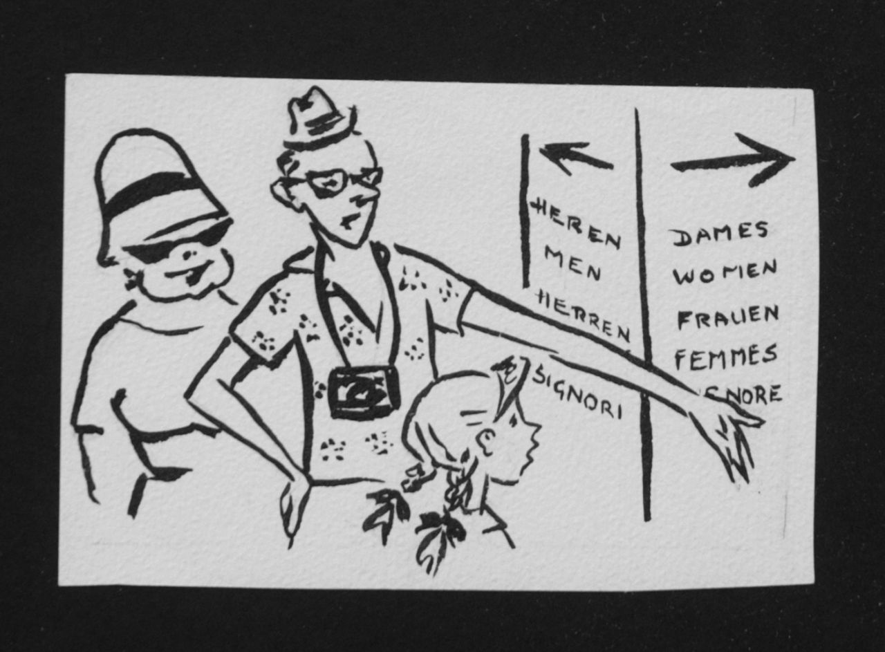 Oranje-Nassau (Prinses Beatrix) B.W.A. van | Beatrix Wilhelmina Armgard van Oranje-Nassau (Prinses Beatrix), Tourists, Bleistift und Ausziehtusche auf Papier 8,0 x 12,0 cm, executed August 1960