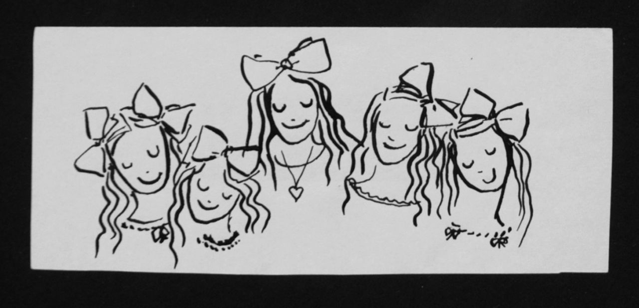 Oranje-Nassau (Prinses Beatrix) B.W.A. van | Beatrix Wilhelmina Armgard van Oranje-Nassau (Prinses Beatrix), Five girls, Bleistift und Ausziehtusche auf Papier 6,0 x 14,0 cm, executed August 1960