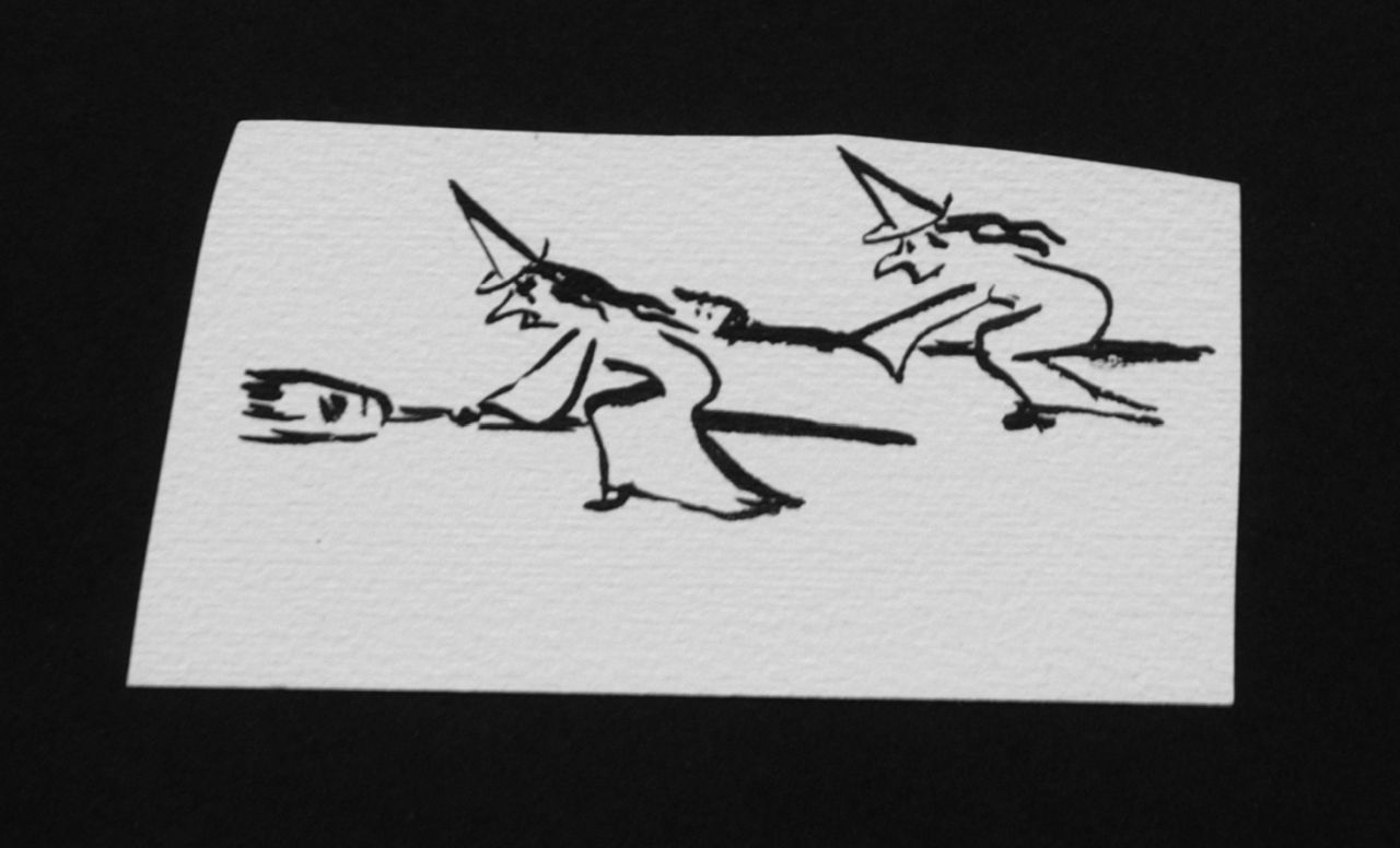 Oranje-Nassau (Prinses Beatrix) B.W.A. van | Beatrix Wilhelmina Armgard van Oranje-Nassau (Prinses Beatrix), Flying witches, Bleistift und Ausziehtusche auf Papier 5,7 x 11,3 cm, executed August 1960