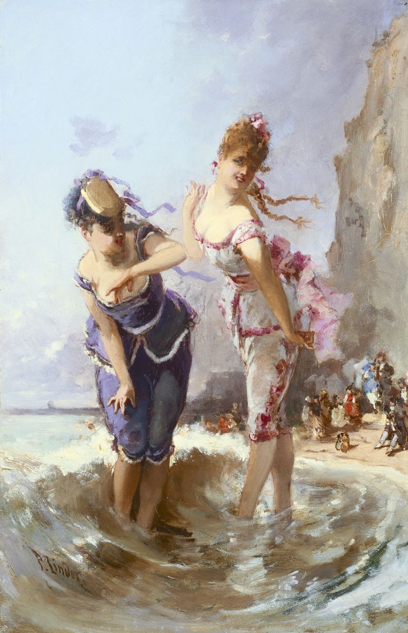 Philippe Jacques Linder | 2 Girls in the surf, Öl auf Leinwand, 46,0 x 30,0 cm, signed l.r.