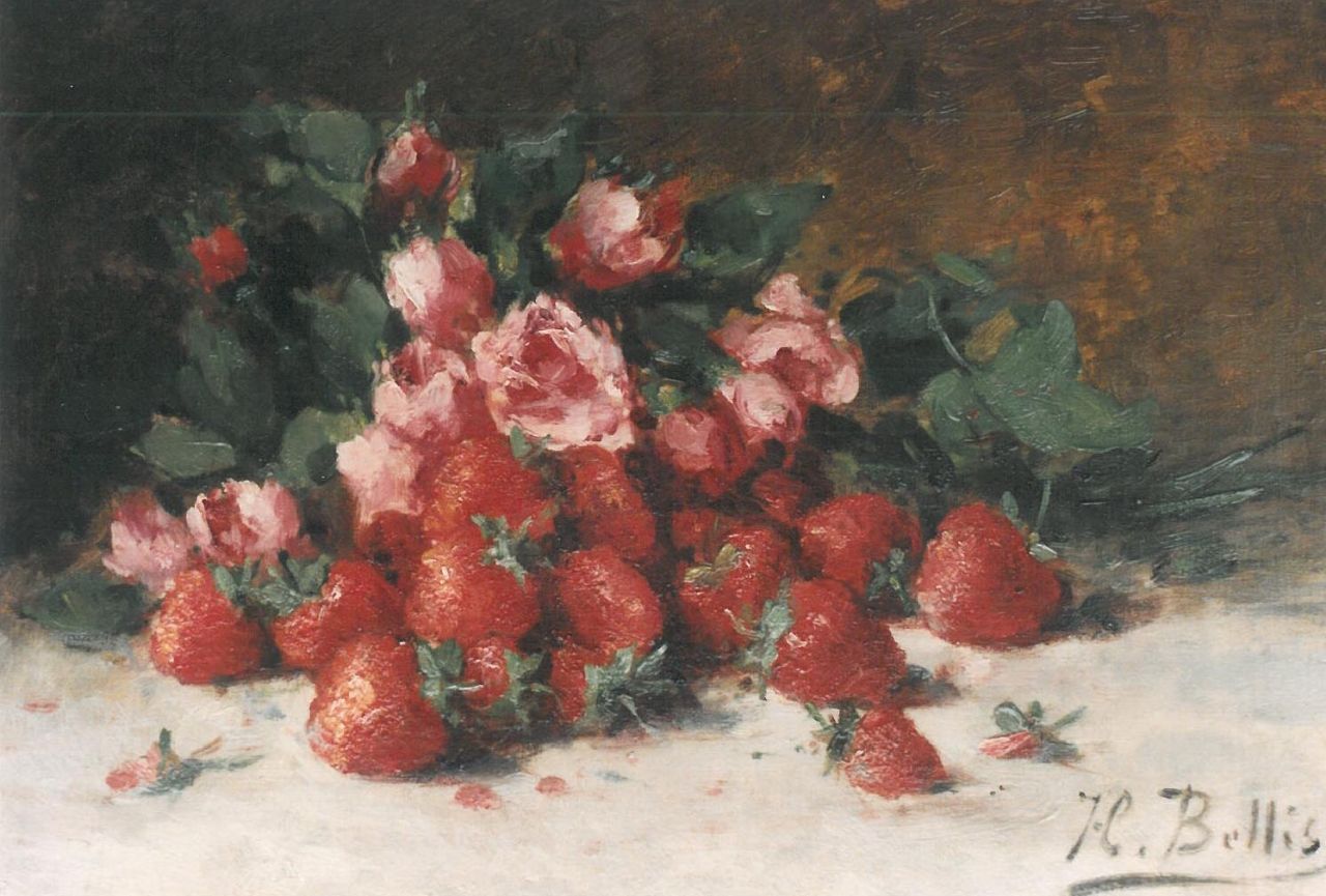 Bellis J.L.  | Josse-Lambert 'Hubert' Bellis, Still life with roses and strawberries, Öl auf Leinwand 31,5 x 45,0 cm, signed lower right