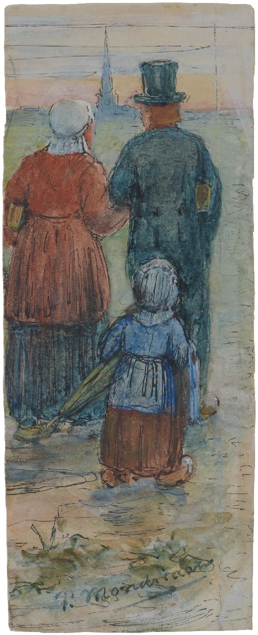 Mondriaan P.C.  | Pieter Cornelis 'Piet' Mondriaan, On their way to the church, Aquarell auf Papier 15,5 x 6,0 cm, signed l.c. und 1898-1901 Privatbesitz; nicht zum Verkauf