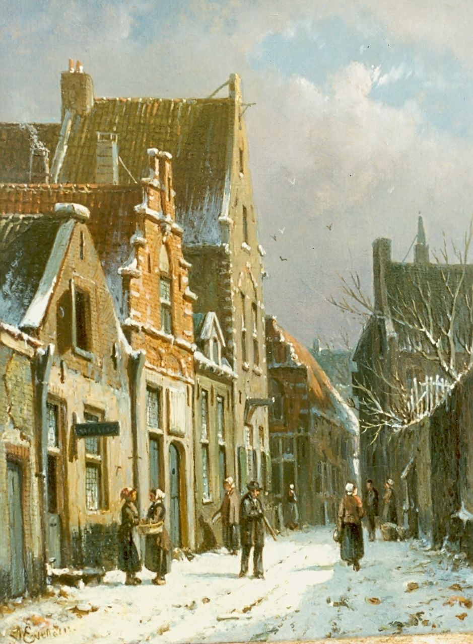 Eversen A.  | Adrianus Eversen, A snow-covered town, Öl auf Leinwand 25,0 x 19,0 cm, signed l.l.