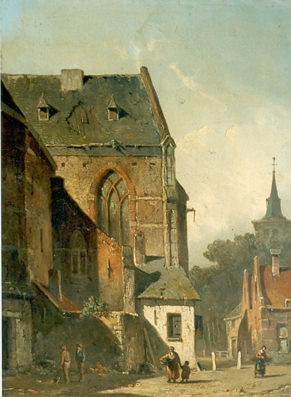 Eversen A.  | Adrianus Eversen, Behind the church, Öl auf Holz 26,1 x 21,2 cm, signed l.r.