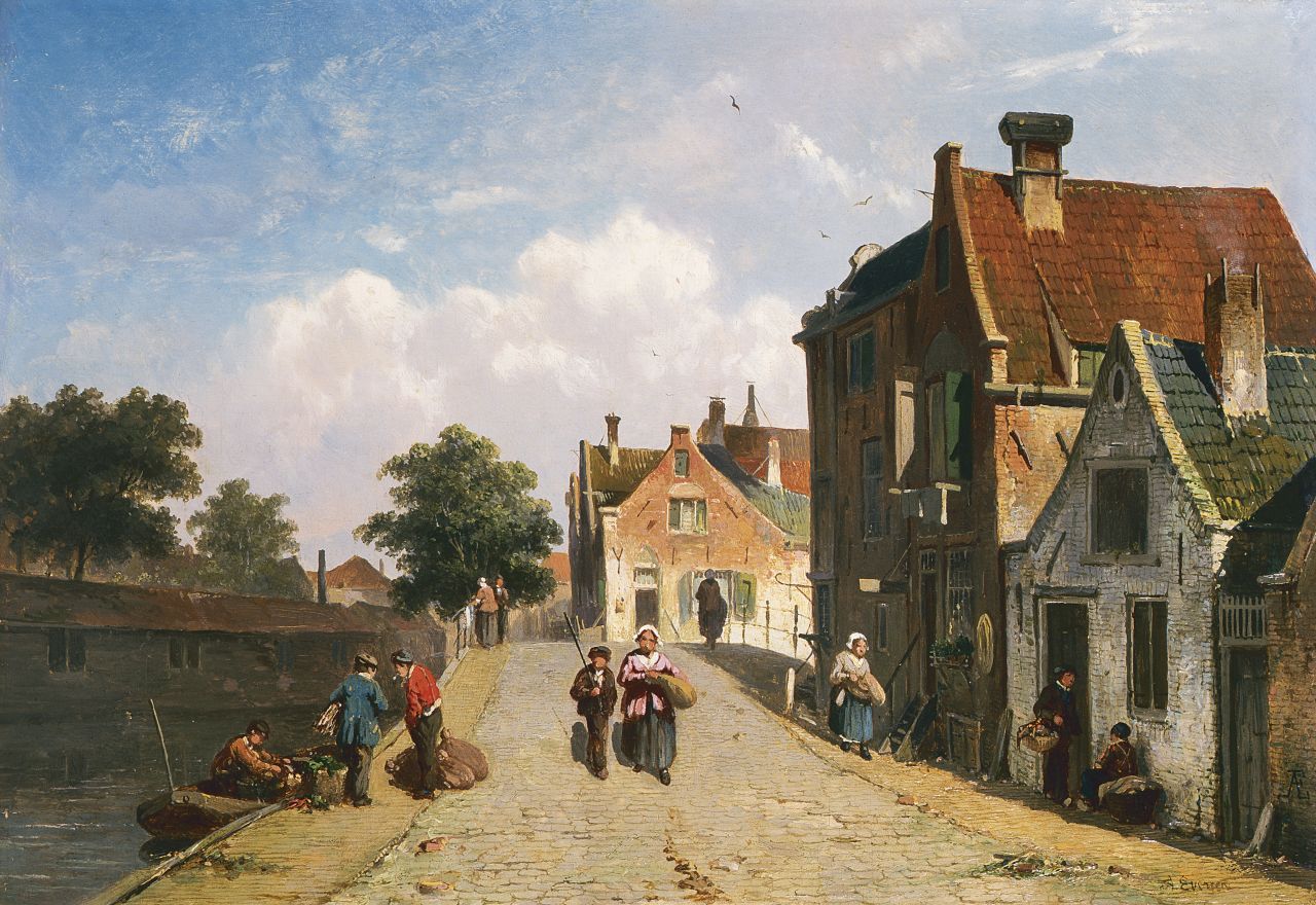 Eversen A.  | Adrianus Eversen, A town in summer, Öl auf Holz 25,0 x 36,2 cm, signed l.r.