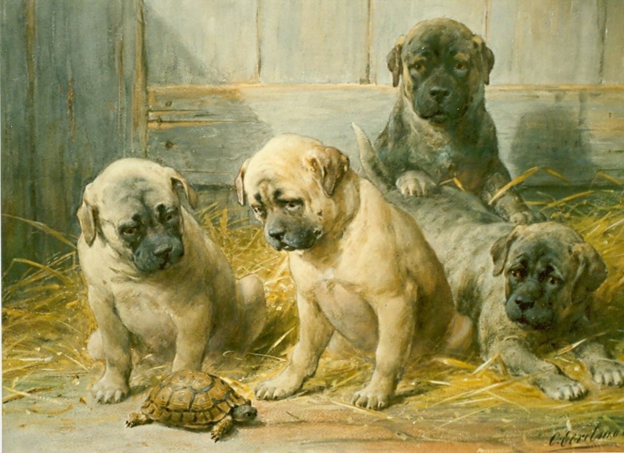 Eerelman O.  | Otto Eerelman, Puppies with a turtle, Aquarell auf Papier, signed l.l.