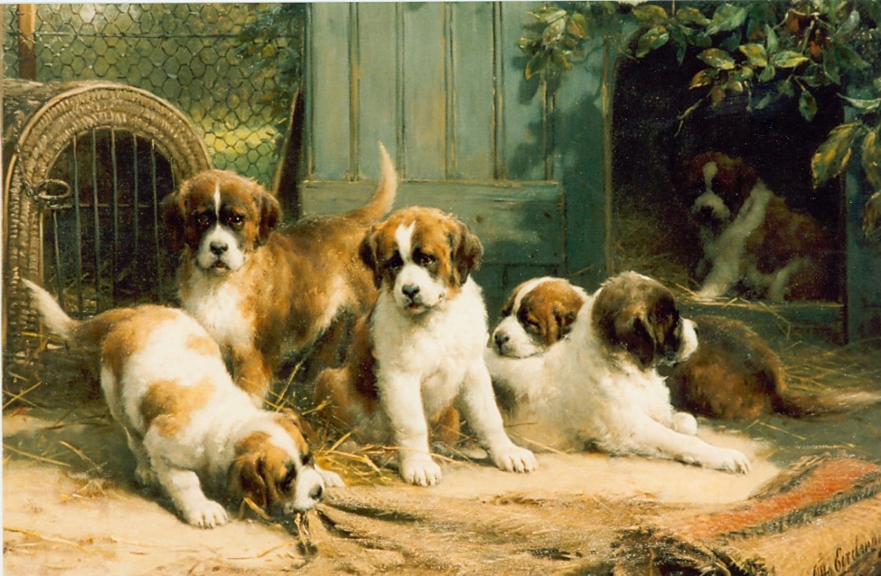 Eerelman O.  | Otto Eerelman, St. Bernard puppies, Öl auf Leinwand 90,0 x 130,0 cm, signed l.l.