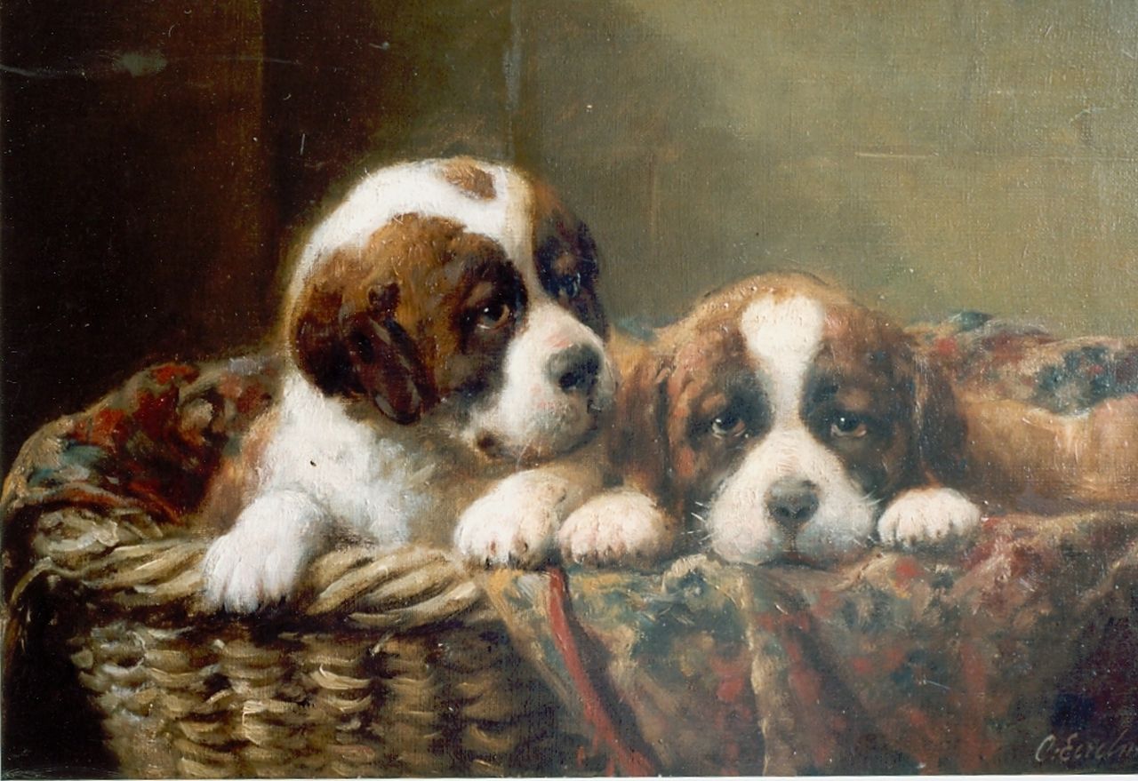 Eerelman O.  | Otto Eerelman, Two St. Bernhard puppies in a basket, Öl auf Leinwand 29,0 x 44,0 cm, signed l.r.