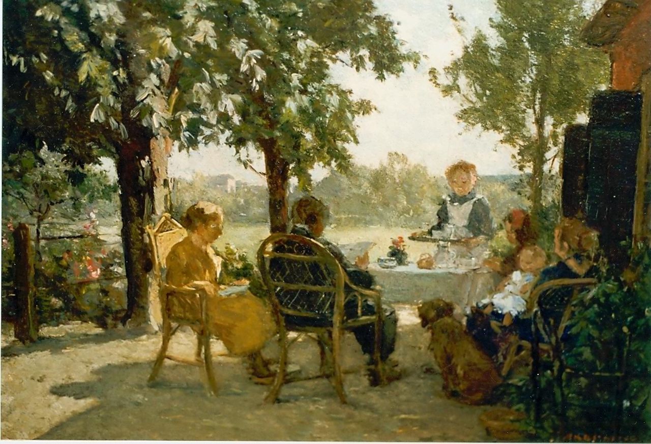 Akkeringa J.E.H.  | 'Johannes Evert' Hendrik Akkeringa, Teagarden, Öl auf Leinwand 27,0 x 37,0 cm, signed l.r.
