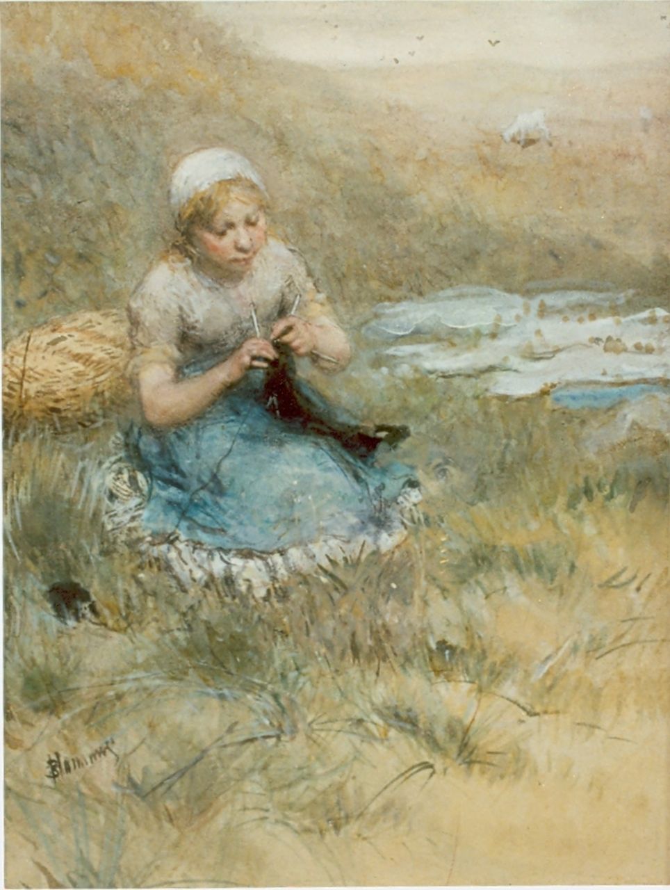 Blommers B.J.  | Bernardus Johannes 'Bernard' Blommers, Girl knitting in the dunes, Aquarell auf Papier 48,3 x 35,5 cm, signed l.l.