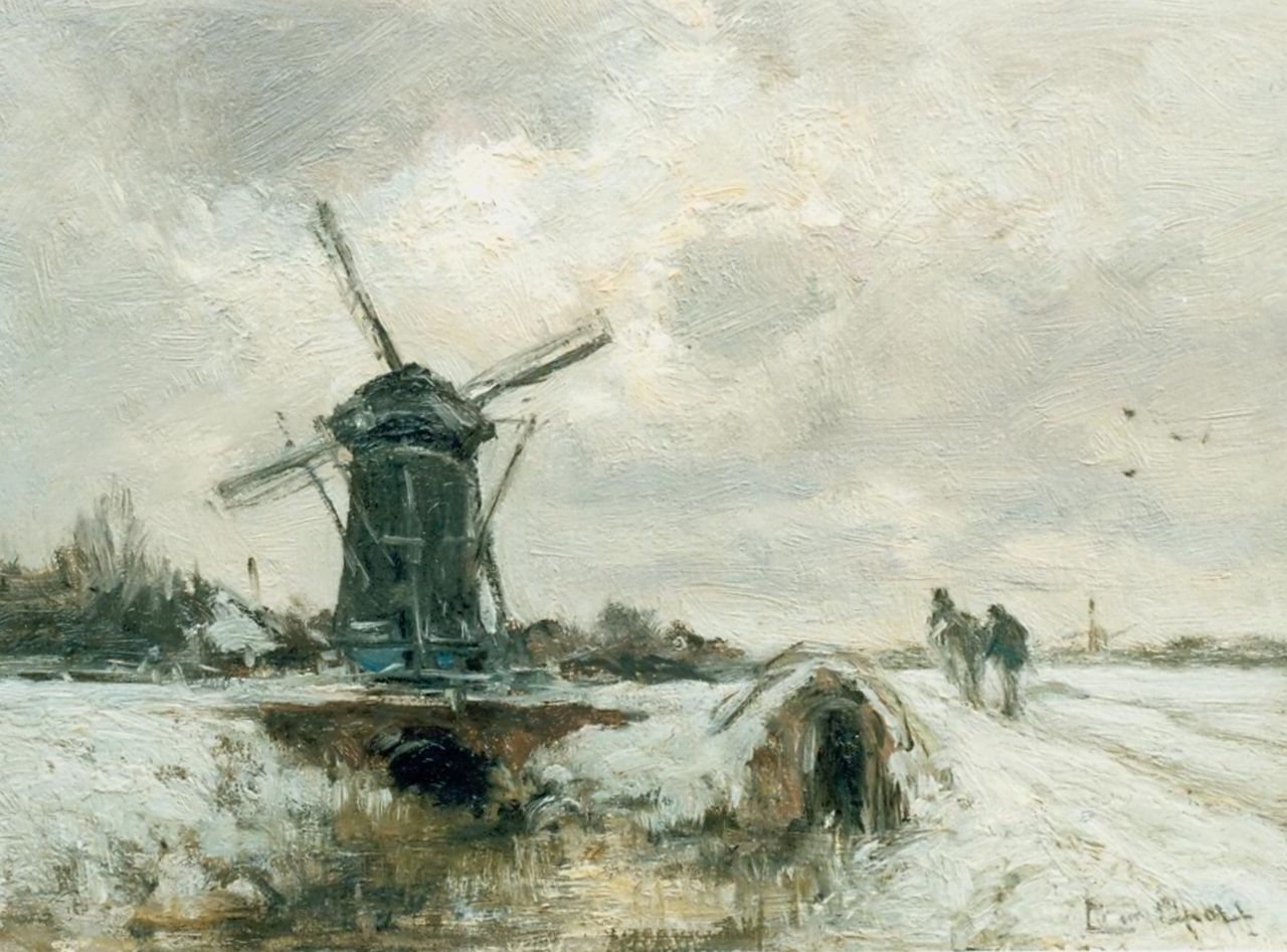 Apol L.F.H.  | Lodewijk Franciscus Hendrik 'Louis' Apol, Winter landscape with a windmill and horse, Öl auf Holz 20,0 x 27,0 cm, signed l.r.