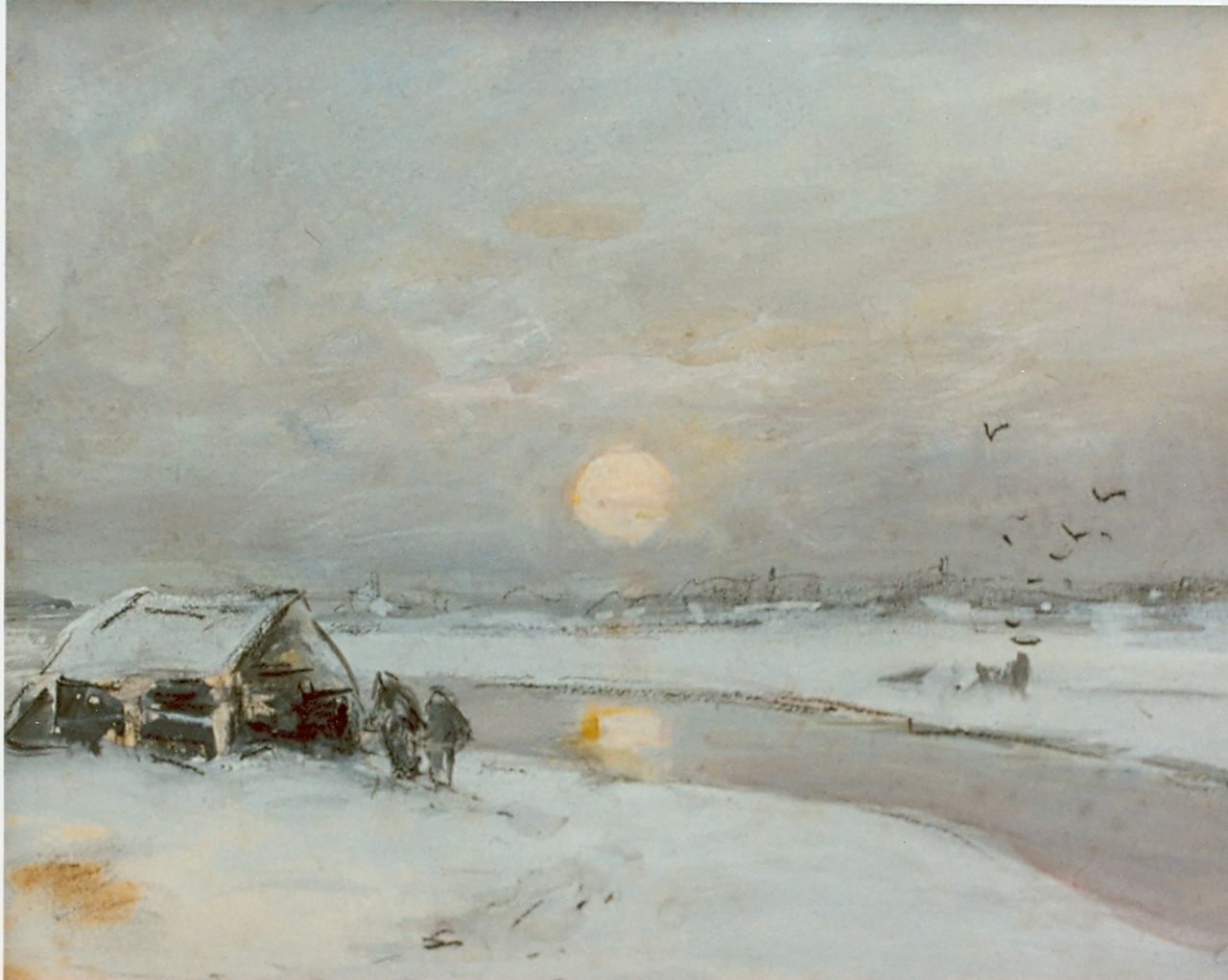 Apol L.F.H.  | Lodewijk Franciscus Hendrik 'Louis' Apol, Frozen canal at sunset, Aquarell auf Papier 16,5 x 21,0 cm, signed l.l.